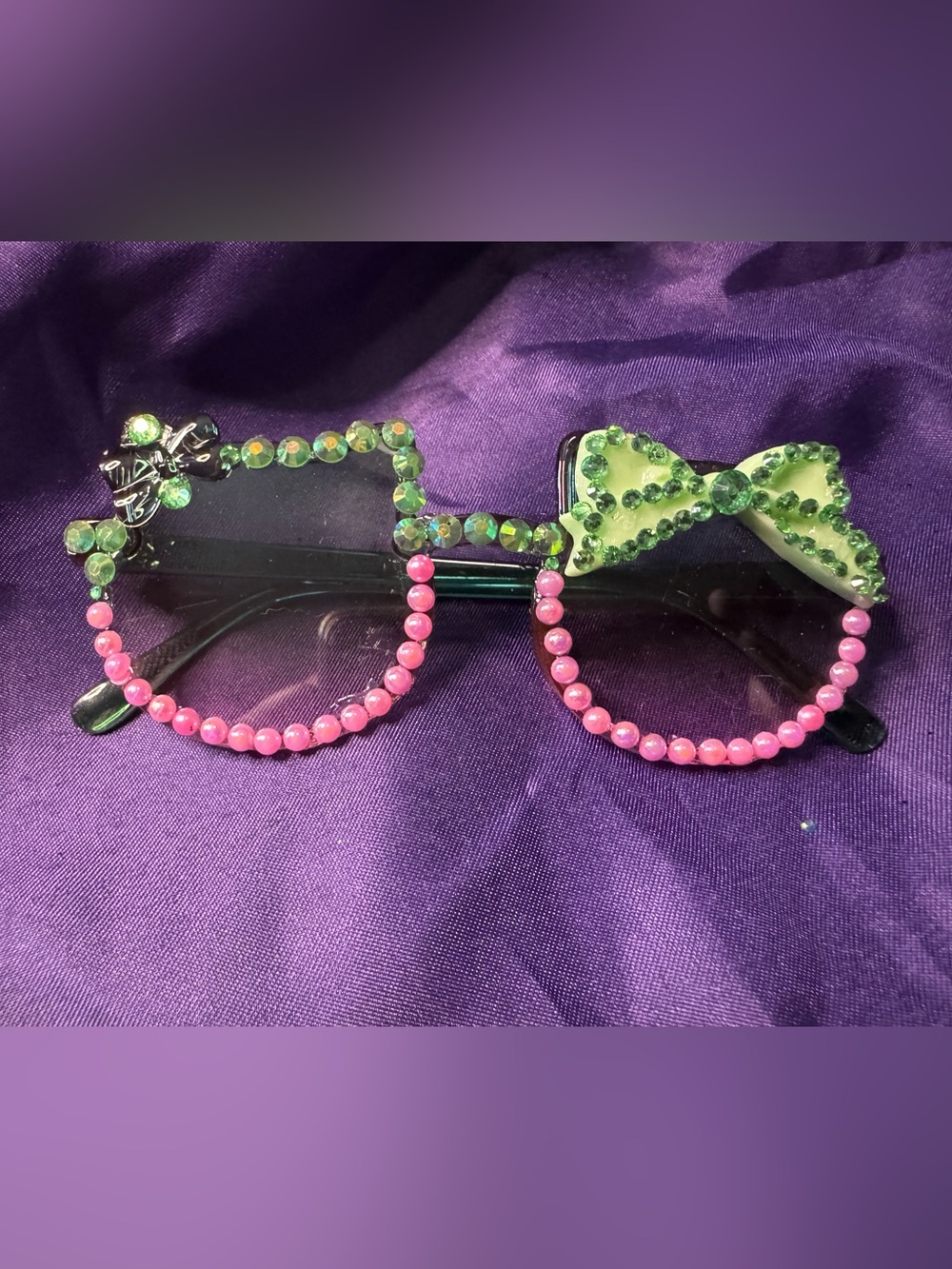 Hand Crafted Green and Pink Jeweled Bow Sunglasses